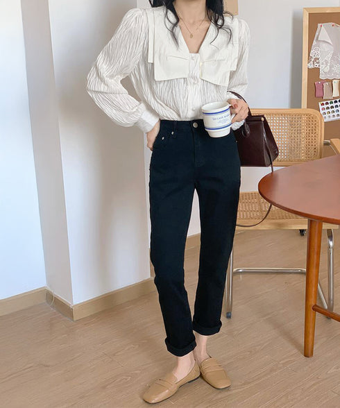 ビッグカラー ワッシャーブラウス 韓国風 ビッグリボン襟ブラウス レディース Vネックシャツブラウス 大人可愛い おしゃれプリーツブラウス上品清楚 パフ袖トップス 6QINGROU-003